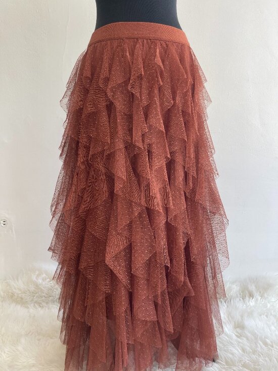 Anthropologie Dresses & Skirts - Anthropologie Tulle Polka Dot Asymmetrical Burnt Orange Maxi Skirt